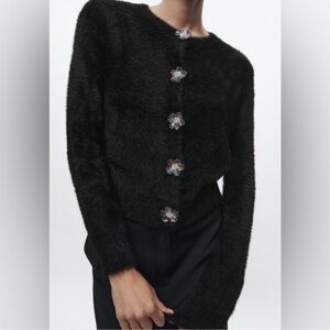 Zara faux fur black cardigan with flower buttons